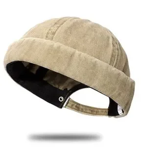 - KHAKI Brimless Men Cotton Rolled Vintage Docker Beanie Hat *NEW* Khaki Washed Cotton Docker Beanie, Brimless Rolled Cuffed  main image 3